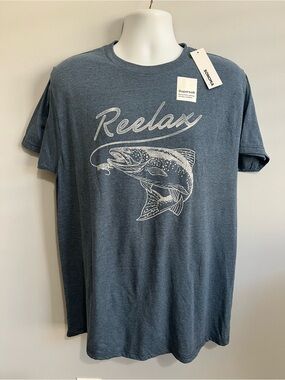Sonoma Men’s Size L Blue T-Shirt Tee with White Graphics "Reelax" Fish Fishing
